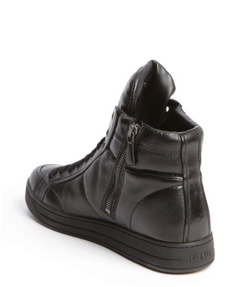 prada men's black leather zip detail high top sneakers|Prada high top sneakers.